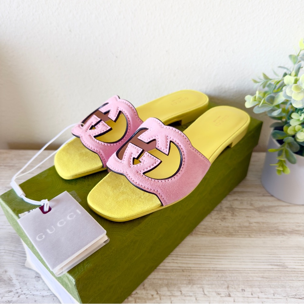 New Gucci Interlocking G leather suede slide sandals size 36.5, US 6.5